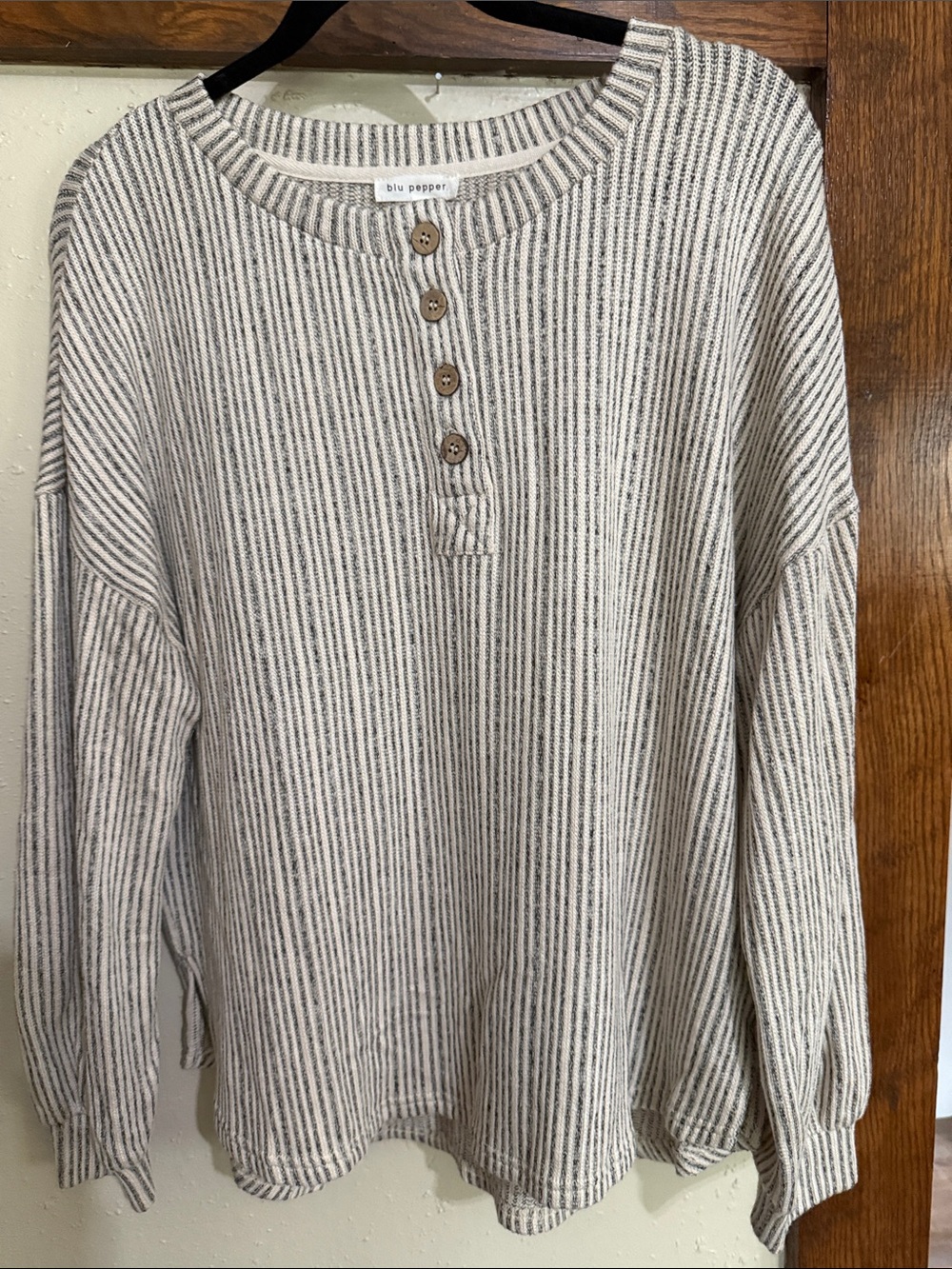 Blu Pepper Cream and Gray Striped Henley Knit Top